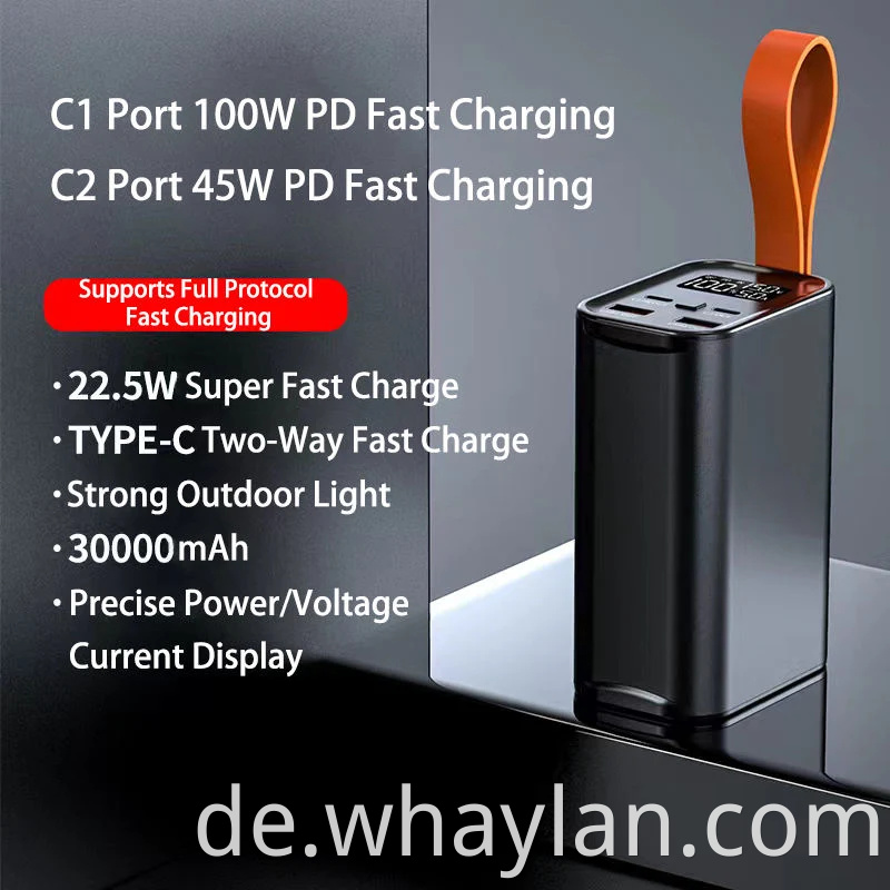 Whaylan Factory Price Netzteil 30000mAh Hochkapazitätsnetz -Notfall -Backup Fast Caheging Portable PD 100W Mobile Power Bank für Laptop